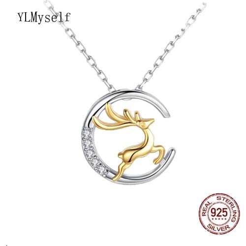 Real 925 Sterling Silver Necklace 40+5cm Chain Sparkly CZ Lovely Elk 2 Tone Plate Pendant Cute Animal Fine Jewelry