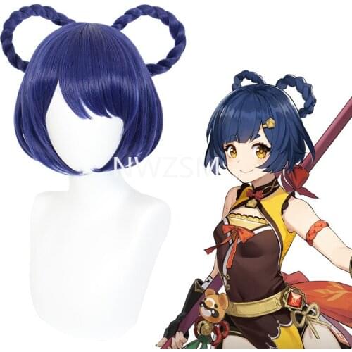 Game Genshin Impact Xiangling Exquisite Delicacy Cosplay Wig Chef de Cuisine 30cm Dark Blue Short Hair