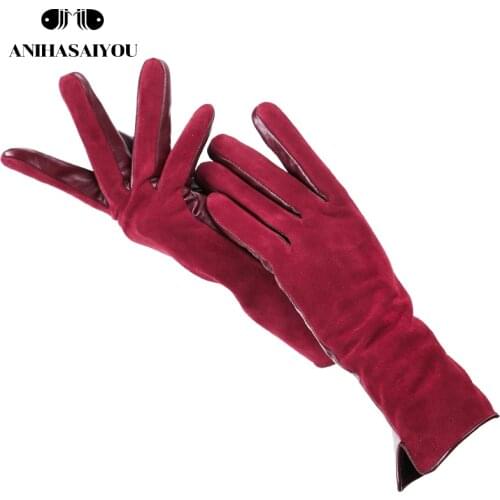 Fashion winter warm touch gloves genuine leather 50% genuine suede 50% womens leather gloves color long womens gloves -2008