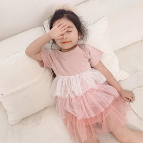 2 3 4 5 6 Years Toddler Girl Dress Casual Short Sleeve Tulle Tutu Stitching Princess Dress Kids Clothing Summer Baby Girl Dress