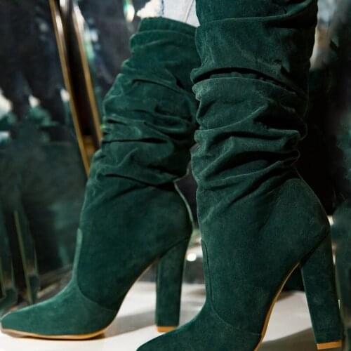 Fashion Green Suede Chunky Heel Mid Calf Boots Pointed Toe Pleated Stretch Square Heels Boots Size 43 Party Dress Shoes