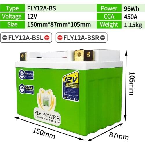 FLY12A-BS Motorcycle 12V LiFePO4 Start Battery 96Wh CCA 450A BMS Lithium iron Phosphate Scooter Batteries 12V Replace YTX12A-BS