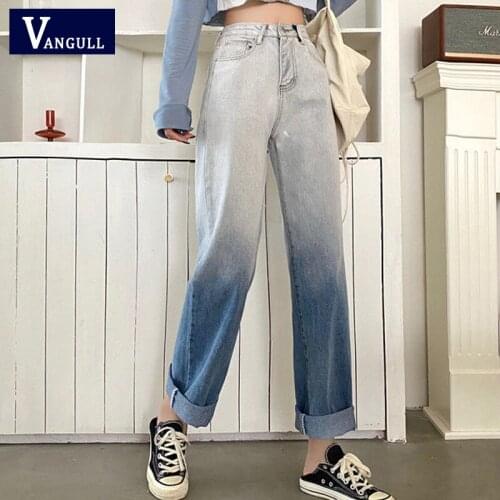 Vangull Fashion Gradient Womens Jeans Spring Straight Ankle-Length Pants High Waist Female Wide Leg Jeans Ladies Denim Pants