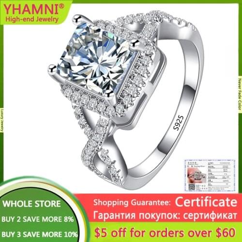 YHAMNI Korean Delicate Square Cubic Zircon Rings For Women Girls Micro Paved 925 Solid Silver Ring Fashion Jewelry Gifts AR065