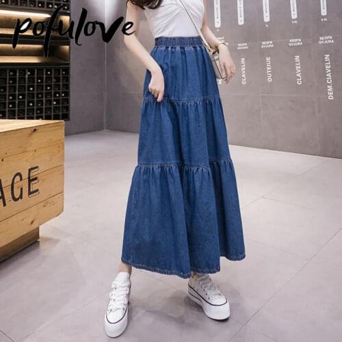 Women Plus Size Denim Skirt Maxi Long Jeans Skirts Girl Pleated Korean Fashion Clothing Harajuku Mujer Faldas Blue Vintage