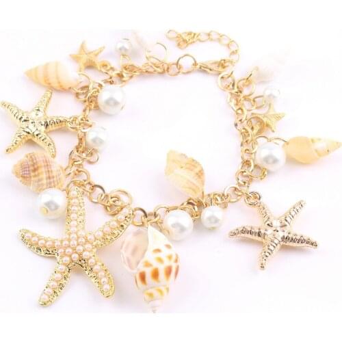 Women Fashion Ocean Style Multi Starfish Sea Star Conch Shell Simulated-Pearl Chain Beach Bracelet Bangle Novelty
