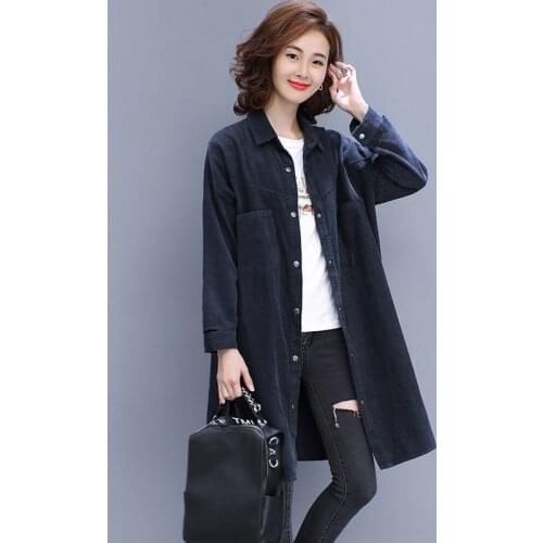 Corduroy Jacket For Women 2021 Autumn New Korean Plus Size 5XL Casual Thin Windbreaker Coat Mid-length Female Blouse Tops H139