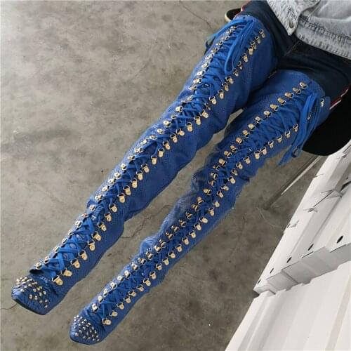 Sexy Rivets Studs Pointed toe Blue Pyhon Leather Over The Knee Boots Ladies Thin Heels Front Lace up Thigh Boots Knight Boots