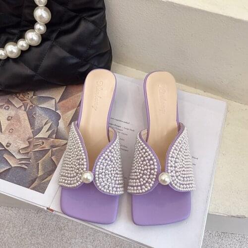 Women Slippers Vogue Square Head Peep Toe Low Thin Heel Women Sandal Outdoor Slides Summer Elegant Pearl Sadalias Femininas