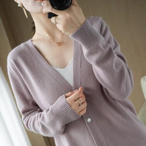 SZDYQH Women Jackets 100% Pure Wool Knitting Cardigans Ladies V-neck Soft Solid Sweaters Cardigan Woman Clothes High-end Tops