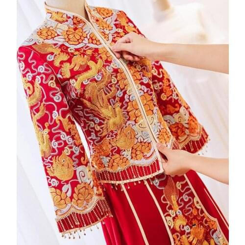 Bride Dragon Phoenix Embroidery Cheongsam Luxury Ancient Red Chinese Wedding Dress Traditional Women Oriental QiPao Refined Gown
