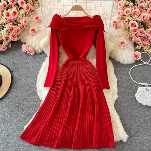 Autumn Winter Long Sleeve Midi Pleated Knitting Sweater Dresses for Women 2021 Slash Neck Vestidos De Fiesta Red Robe Femme