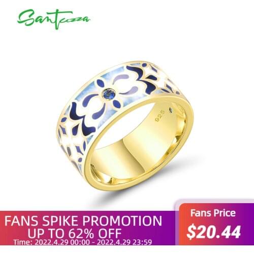 SANTUZZA Authentic 925 Sterling Silver Rings For Women Sparkling Blue Spinel Vintage Fashion Party Fine Jewelry Handmade Enamel