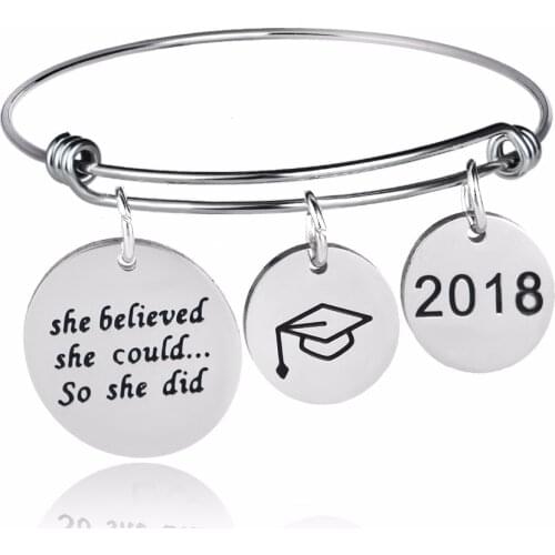 12PC/Lot Inspirational Gifts She Believed She Could So She Did Bangle 2018 Graduation Cap Hat Stainless Steel Charms Bracelets