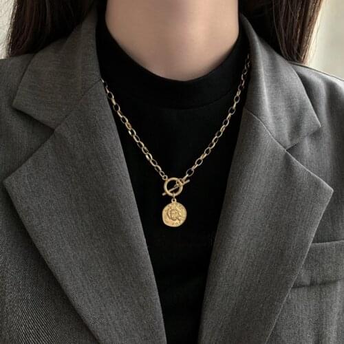 316L Stainless Steel New Fashion Fine Primitive Human Avatar Vintage Coin Charms Thick Chain Choker Necklaces Pendants For Women