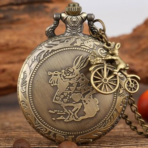 Bronze Alice In Wonderland Cute Rabbit Quartz Pocket Watch Pendant Necklace Chain Clock Girls Kids Gifts with Carousel Accessory