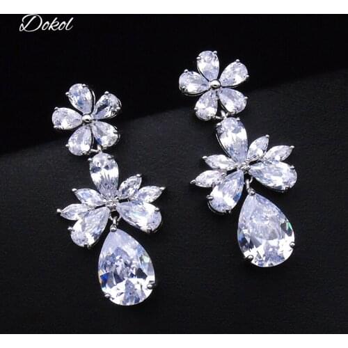 DOKOL Trendy Flower Drop Earrings for Wedding Silver Color Bridesmaids bijoux Gift Clear AAA Cubic Zirconia Earring DKE0165