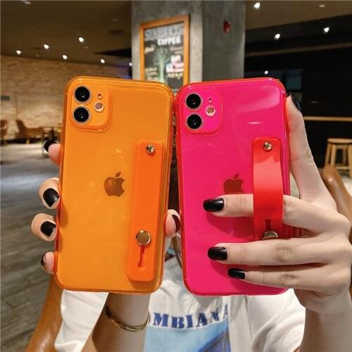 Hot Fluorescent solid color wrist strap shockproof soft case for iphone 11 Pro Max X XS Max XR 7 8 6s Plus SE 2020 cover coque