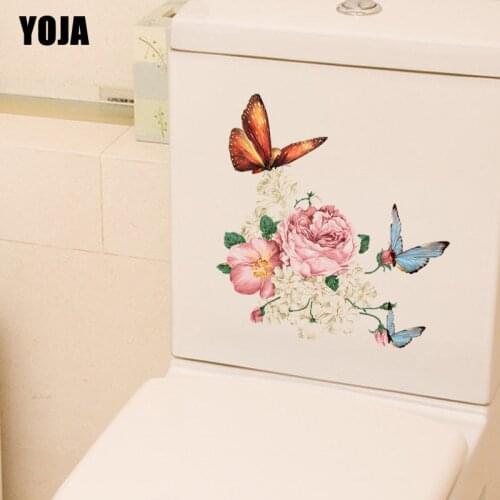 YOJA 21.6X15.2CM Funny Wall Decal Flowers Butterfly Art Toilet Sticker Home Decor Art T3-1234
