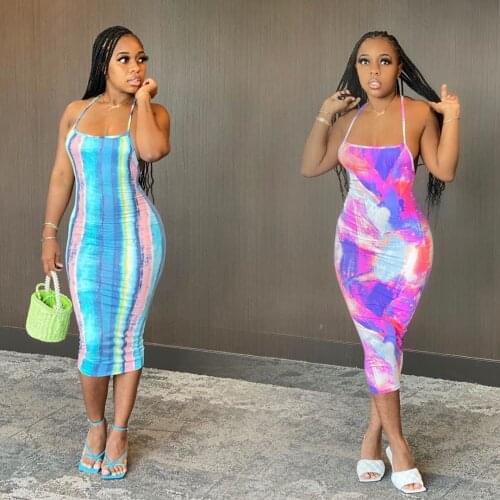 Tie Dye Strap Dresses 2021 Summer Leisure Beach Style Backless Bdydcon Dress Sleeveless Plus Size Slash Neck Sexy Midi Dress