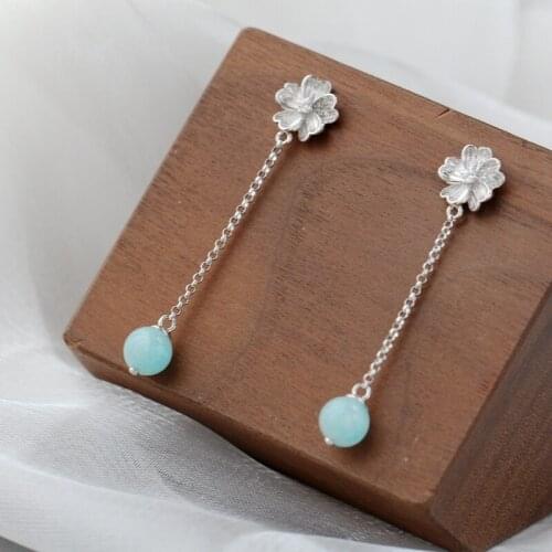 Fashion Flower Long Tassel 18K Gold Plated Lady Earrings Inlay Rhinestone With Natural AmazoniteTide 925 Sterling Silver Eardrop