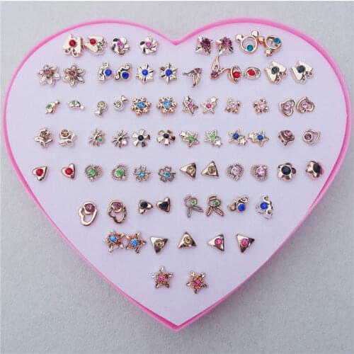 Gold Stud Earrings Heart Box Packing Rhinestone Jewelry For Kids Girls 36 pairs/lot Mix Colors & Styles Randomly