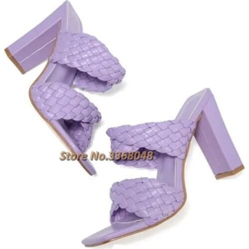 Block High Heel Weave Slippers Solid Purple Leather Dress Women Slides Sqaure Toe Black Nude Square Toe Dress Women Shoes