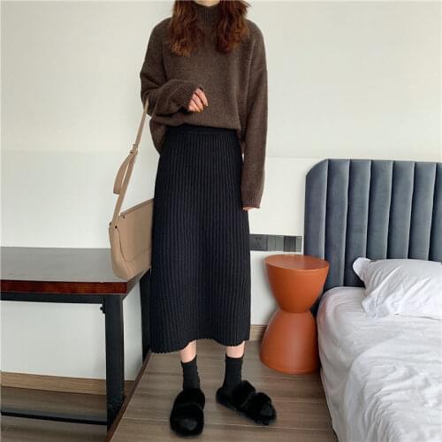 HOUZHOU Vintage Knitted Long Skirts Women Elegant High Waisted Solid A-line Pleated Midi Skirt Korean Fashion Autumn Winter