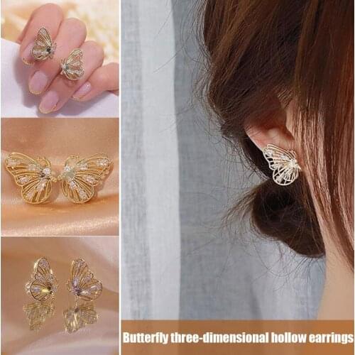 Butterfly Earrings Womens 3D Hollow Diamond Stud for Girls Simple Earring Jewelry Gift TT@88