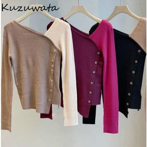 Skew Panelled Collar Patchwork Women Sweaters Autumn Slim Fit All-match Pullovers Chic Irregular Single Breasted Tops