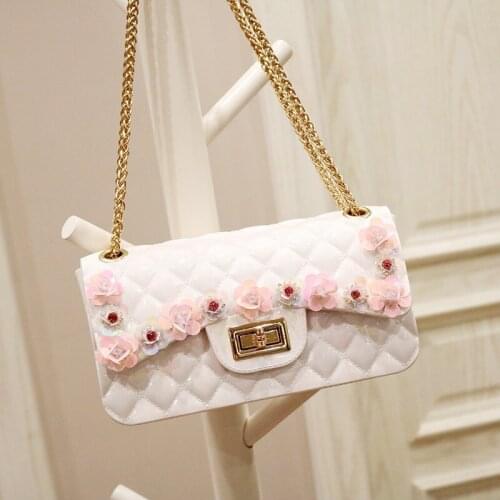Women Flowers Party Flaps Jelly Bag Chain Crossbody Shoulder Bags Summer Elegant Ladies Fashion Colors Flowers Sling Bag White