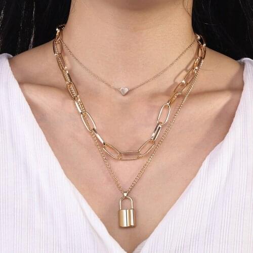 Lock Pendant Love Necklace European American Cross Border Jewelry Metal Punk Style Womens Multilayer Necklace for Women