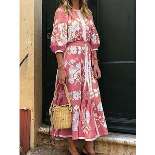 Duabi Turkey Muslim Printed Floral Dress Women O Neck Half Sleeve Loose Dresses Ladies Patchwork Plus Size Abaya Moroccan Kaftan