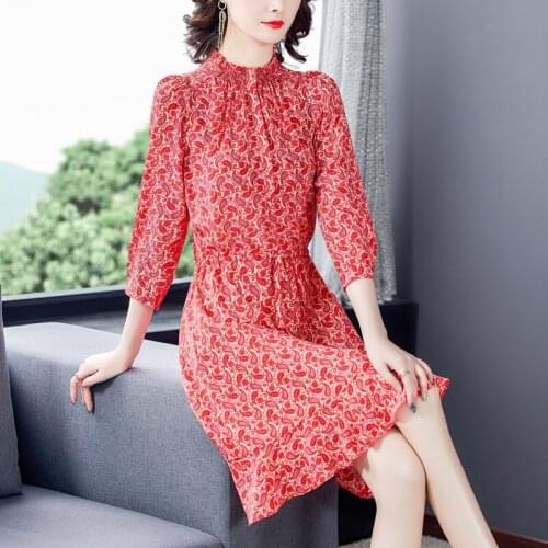 Spring Red Floral Chiffon Office Lady Midi Dress 2021 Elegant Bodycon Party Robe Autumn Women Korean Vintage Casual Beach Dress