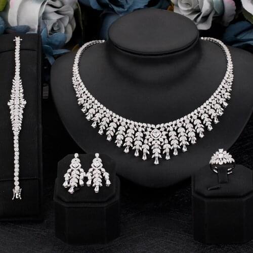 Bride Talk Luxury wedding Cubic Zirconia tassel necklace ,drop earrings ,bracelet and ring 4pcs dubai full jewelry sets for Wome