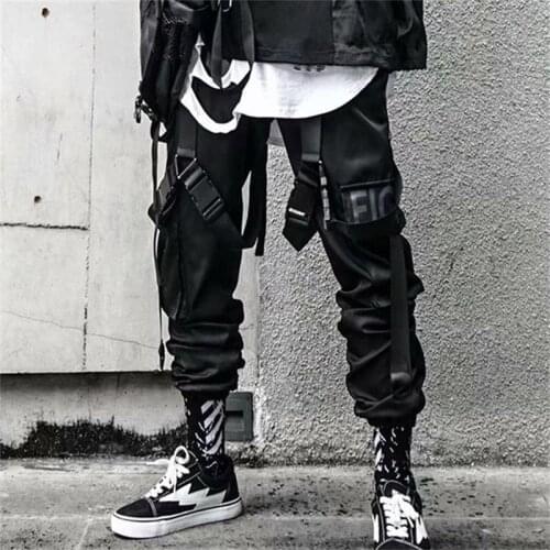 Techwear Pants Mens Black Harem Overalls Multi-pocket Ribbon Mens Sports Pants Hip-hop Jogger Streetwear Mens Casual Pants