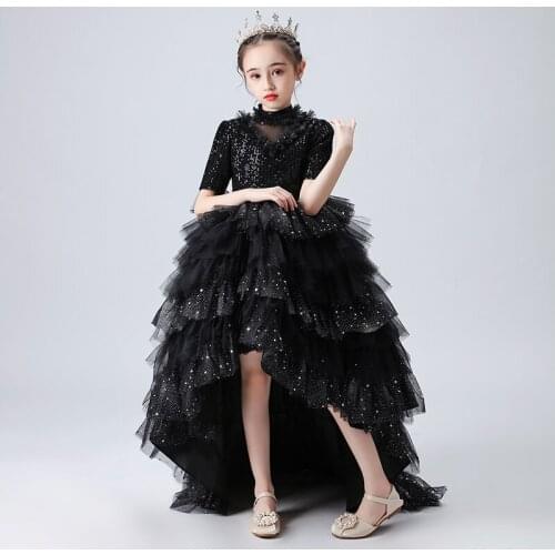 Black Luxury Flower Girls Dresses Princess Elegant Lace Sequined Ball Gown Tiered Knee-Length Half Tulle Kids Party Dress D233