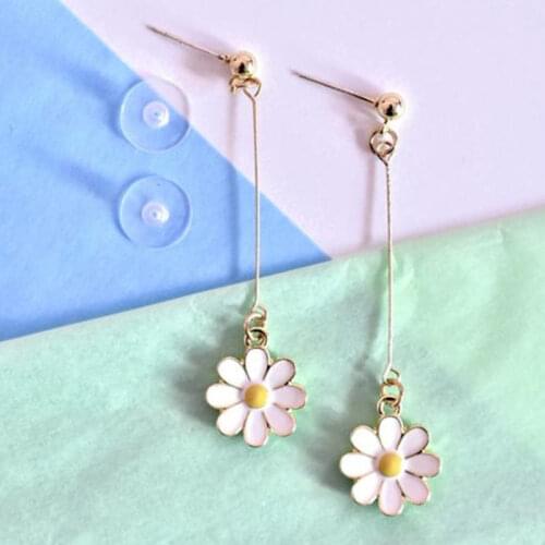 Korean Style Fresh Small Daisy Flower Long Earrings Simple Student Temperament Jewelry Ear Studs For Women Girl Birthday Gifts