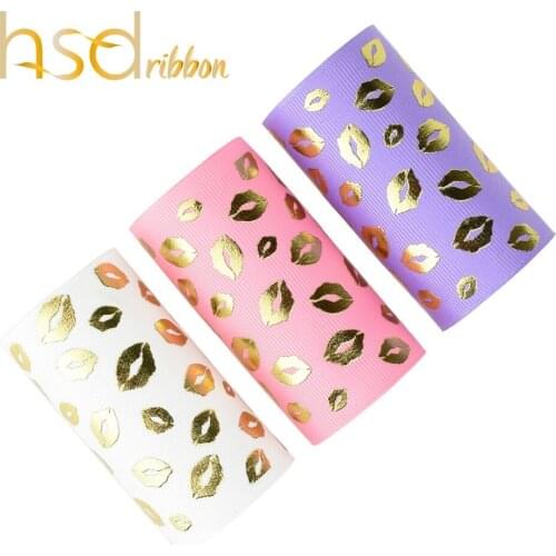 HSDRibbon Designer custom 75MM 3inch Gold Foil Printed lips on Solid Grosgrain Ribbon
