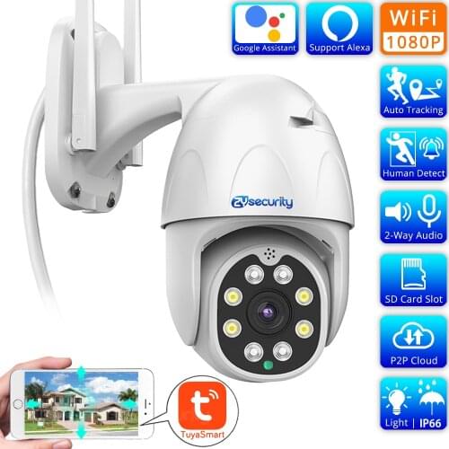 1080P Wifi PTZ IP Camera TuyaSmart Outdoor Audio Card Slot Auto Tracking Wireless Speed Dome CCTV Surveillance Works With Alexa