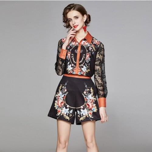 JSXDHK 2021 New Autumn Women 2 Piece Shorts Set Runway Flower Print Patchwork Lace Shirt Tops And Fashion Wide Leg Shorts Suits
