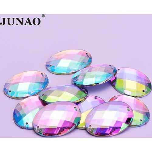 JUNAO 30*40mm Sew On Large Oval Crystal AB Rhinestone Applique Flat Back Acrylic Stone Sewing Big Strass Crystal for Needlework