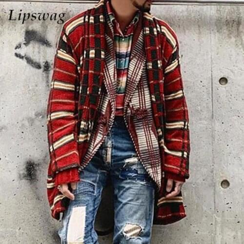 Autumn Mens Winter Warm Knitted Cardigan Outerwear Vintage Plaid Printed Long Sleeve Sweater Jackets Men Casual Loose Sweaters