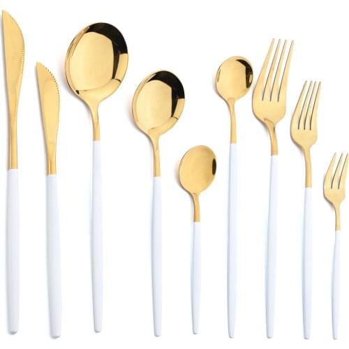 JANKNG White Gold Cutlery Set Stainless Steel Dinnerware Set Silverware Flatware Set Dinner Knife Fork Spoon Kitchen Dinner Set