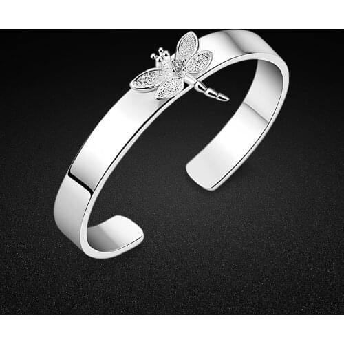 New Womens 925 Sterling Silver Bangle Chic Dragonfly Pendant Solid Silver Bangle Charm Jewelry Open Bangle Free Adjustment