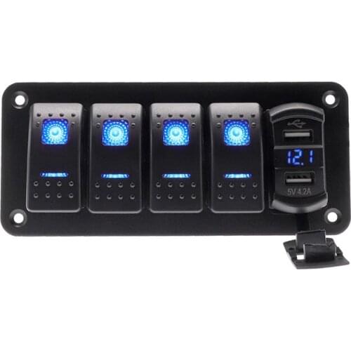 4 Gang Rocker Switch Panel with Digital Voltmeter Dual USB Port 12V Outlet for cars, trucks, boats Cruises