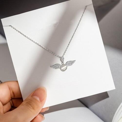 925 Sterling Silver Opal Angel Wings Charm Pendant Choker Korean Necklace For Girl Women Statement Wedding Jewelry dz276
