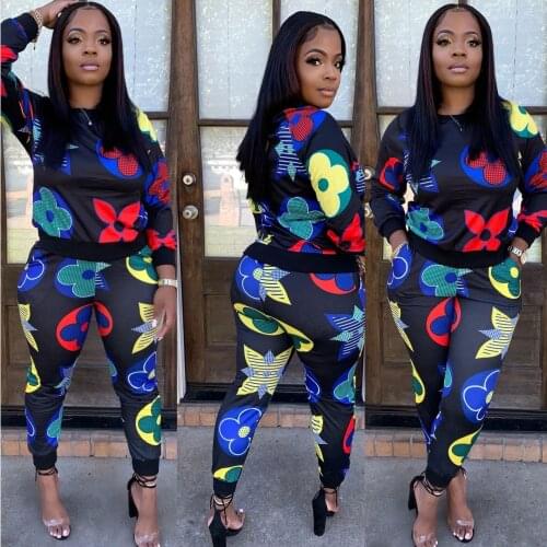 Multicolor Print Casual Two-piece Suit Long Sleeve Round Neck Tops High Waist Pocket Bodycon Full Pants 2 PC Set New Arrivals