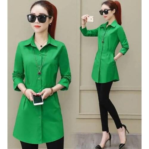 Spring Autumn Womens Blouse New Korean Solid Color Mid-length Shirt Jacket Tops Plus Size Female Thin Windbreaker Outerwear