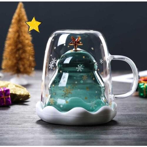 Glass tea cup Double Layered Anti Scald Glass Christmas Tree Coffee Mug Thermal Insulation Breakfast Milk Cup Childrens Gift